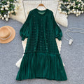 European and american fashion heavy beaded lantern sleeve loose pleated dress women's  autumn casual high-end long dress