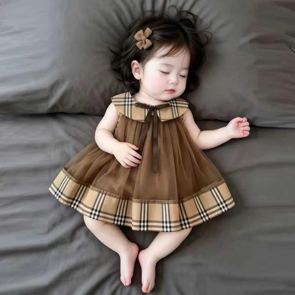 Summer chic sleeveless bowknot girl's korean style plaid peter pan collar dress with mesh panel princess dress for summer