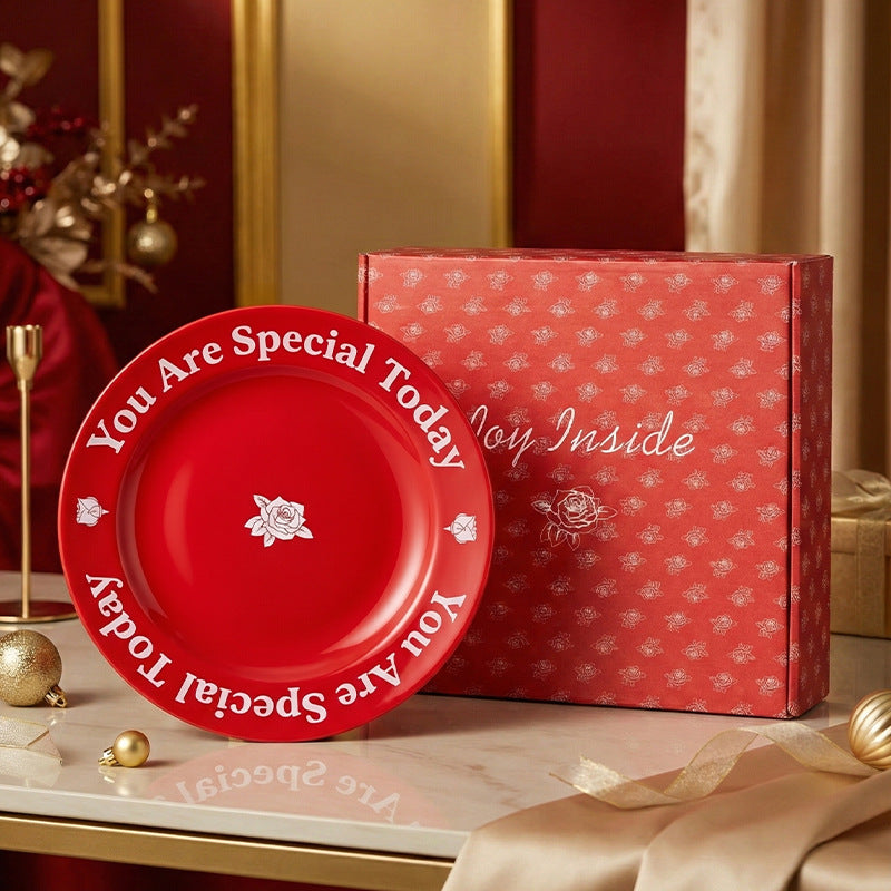 Minimalist chic premium gift: red ceramic plate - perfect housewarming present, cross-border bestseller, rose plate