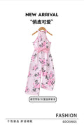 European style girls' summer outfit: halter neck romper with pink rose print and belt - trendy children's clothing