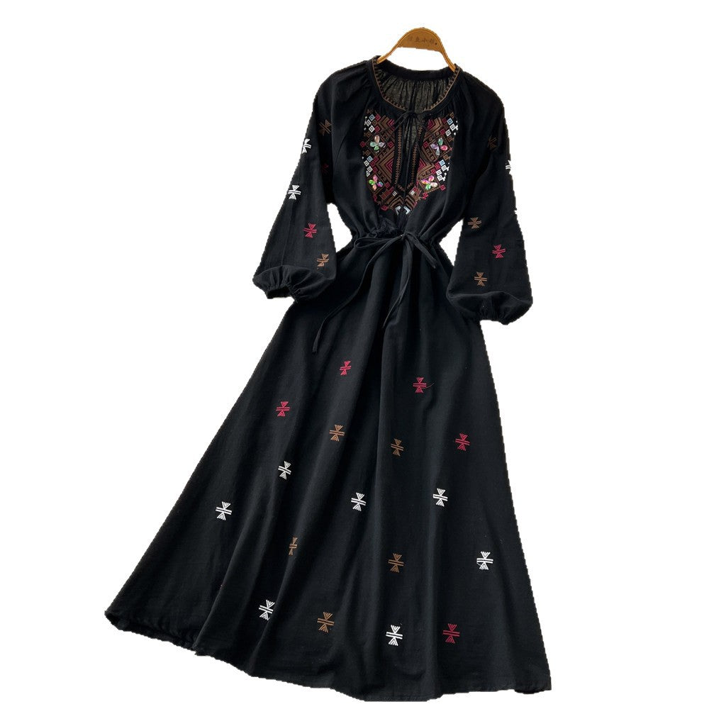 Ethnic style heavy industry embroider red dress women's summerk-stylelong sleeves waist slimming look a-line long skirt holiday style