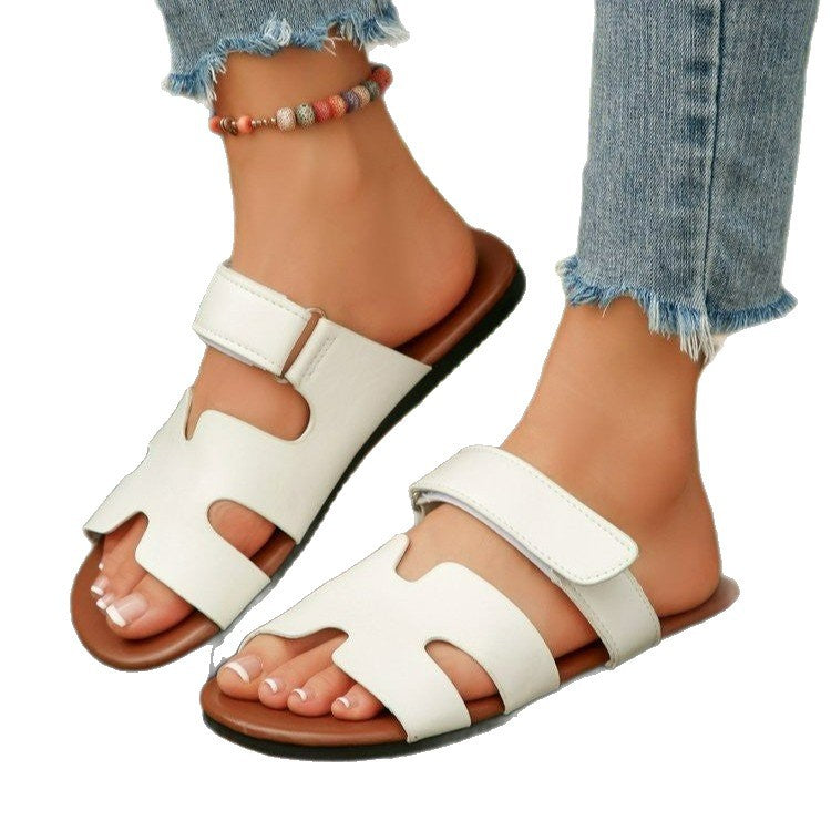 plus size  summer new arrival women's slippers - one-strap hook-and-loop peep-toe minimalist flat slippers for export