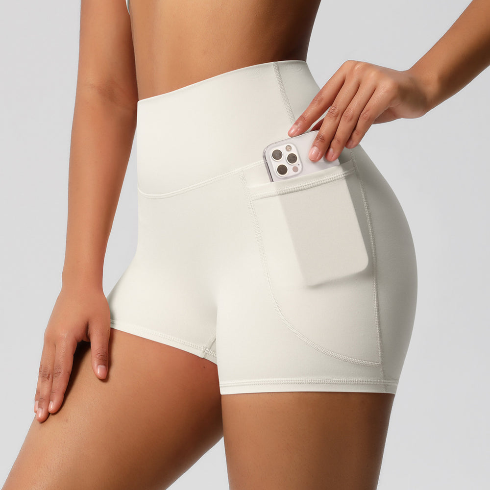 fashion brushed pure colorflap pocket pants high waist tight high elastic yoga shorts sports running fitness three-quarter pants for women