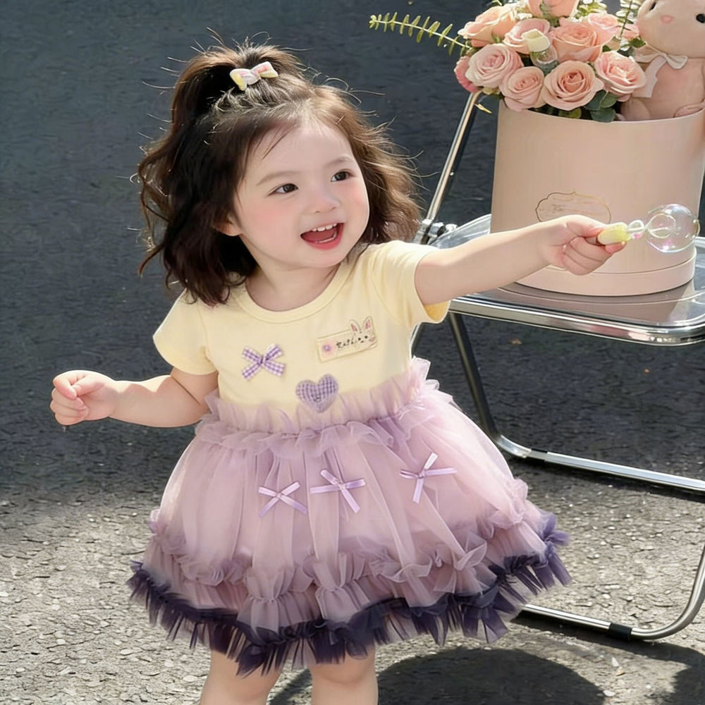 【dropshipping】baby girl summer dress - stylish faux two-piece princess dress for toddlers - cute short sleeve summer outfit