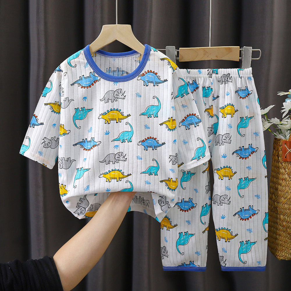 Summer kids' pure cotton loungewear set - boys' and girls' lightweight pajamas, breathable three-quarter sleeve baby air conditioning suit