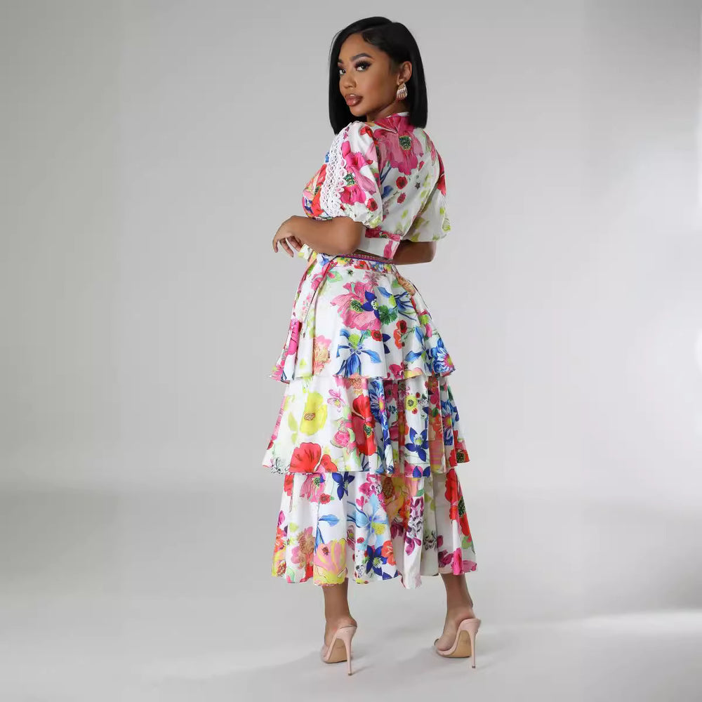 European and american cross-border women's fashion:  summer new arrival - short sleeve v-neck tie-up top and high-waisted printed midi skirt two-piece set
