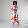 European and american cross-border women's fashion:  summer new arrival - short sleeve v-neck tie-up top and high-waisted printed midi skirt two-piece set