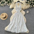 French halter polka dot sexy backless dress women's summer red deep v neck waist elegant vacation style long dress