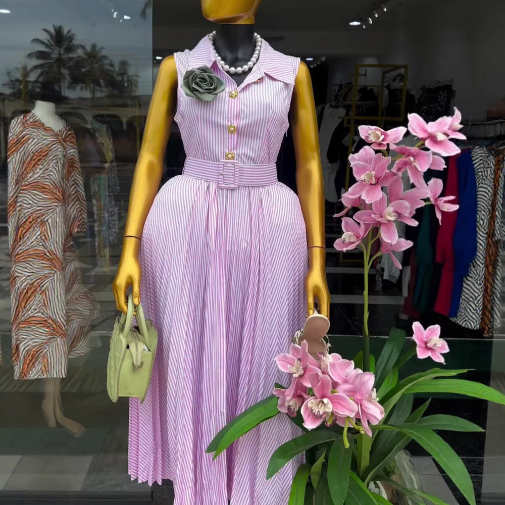 European and american cross-border women's clothing:  summer new arrival - elegant sweetheart style, striped tie-neck pleated sleeveless dress