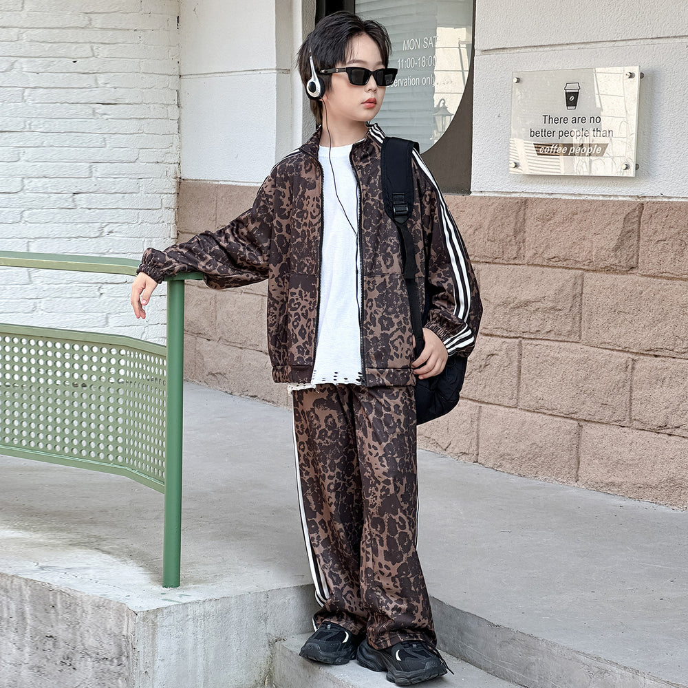boys' casual cardigan two-piece set: trendy new fashion leopard print loose fit spring/autumn outfit for older boys