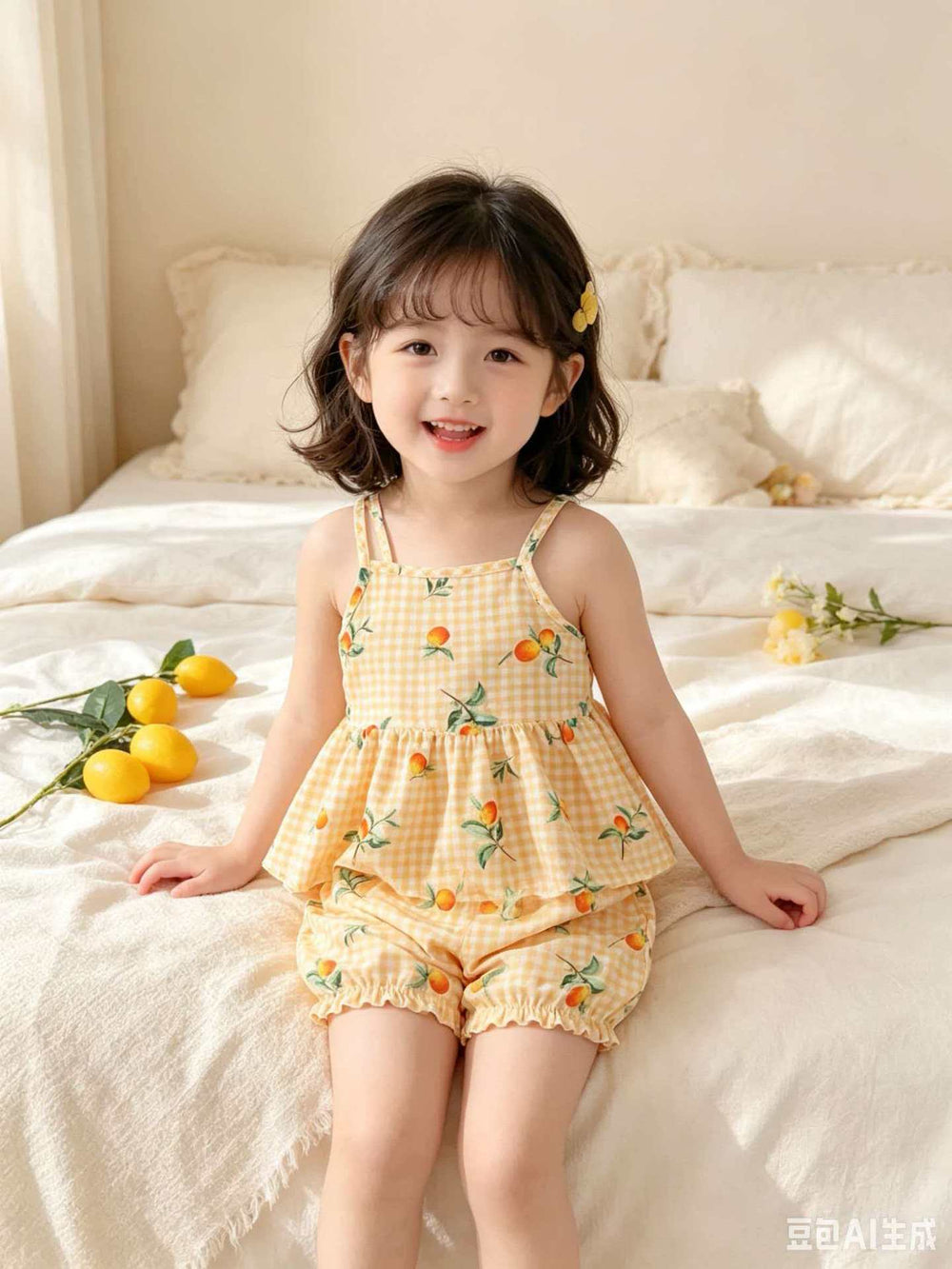 Children's clothing cross-border european and american girls yellow suspender tops+shortstwo-piece set children's clothing