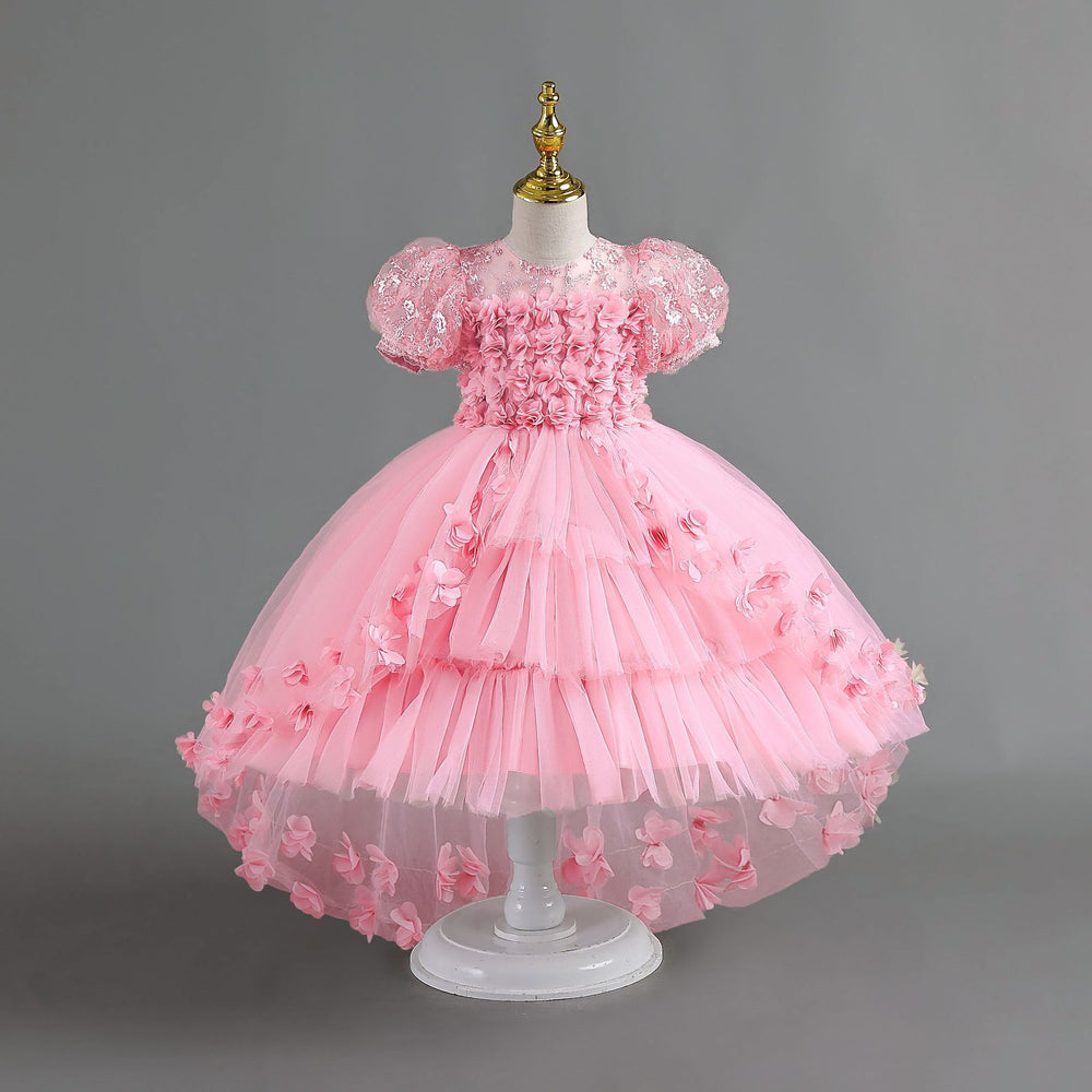 New arrival: lace petal children's formal dress - princess wedding gown with train for little girls