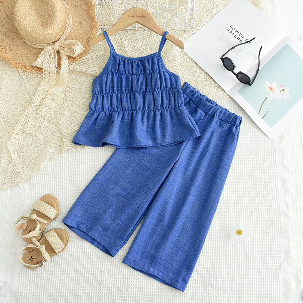 European and american summer girls' sweet outfit: solid color ruffle cami top and wide-leg pants set - cross-border children's clothing