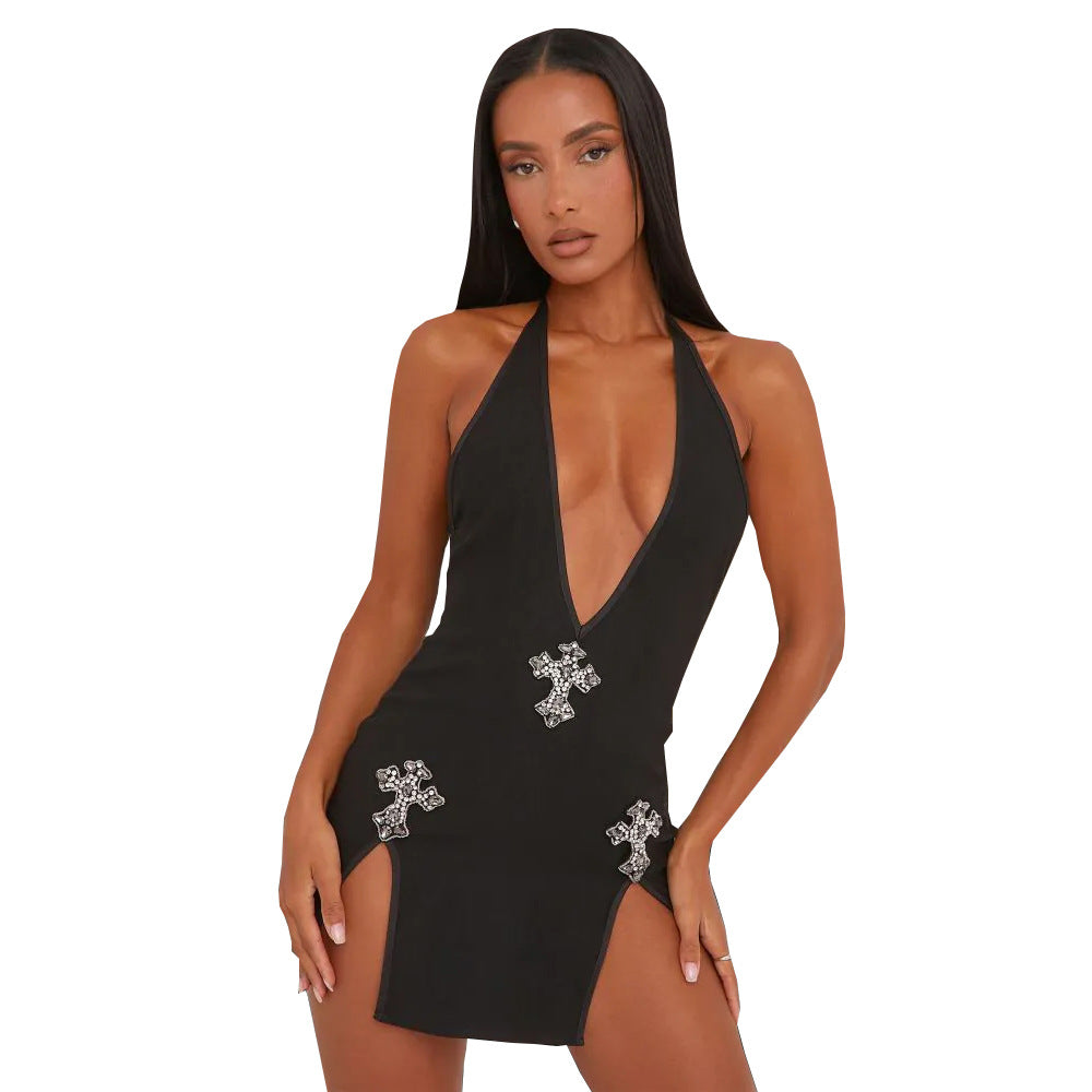 9964DHD  popular 2024 summer new product lace-up halter split deep V hot drill European and American dress women