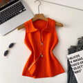 Korean style commute chic: women's summer slim-fit sleeveless knit vest with polo collar and zipper detail