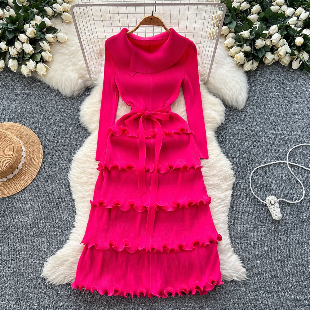 Miya pleated premium niche european & american retro collar tie-waist ruffle hem pleated elegant dress for women