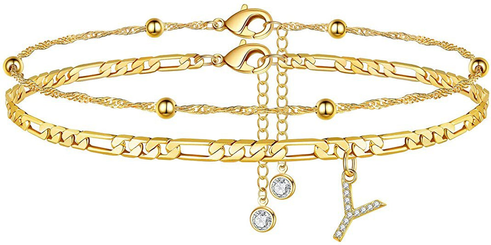 export hot-selling 26-letter anklet, zircon letter anklet, minimalist fashion seed bead cuban double-layer anklet