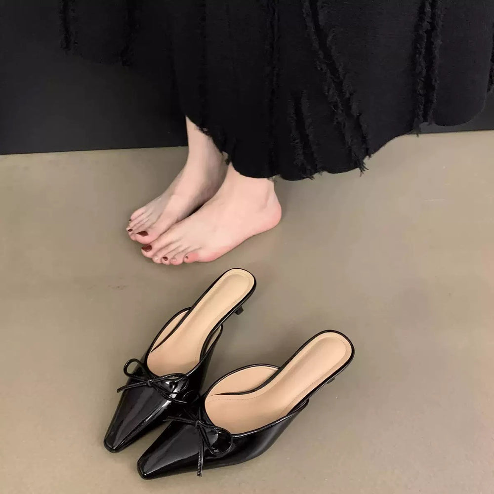 2025 summer new bowknot mid-heel mule sandals - closed toe, plus size, high heel single shoes, summer slippers
