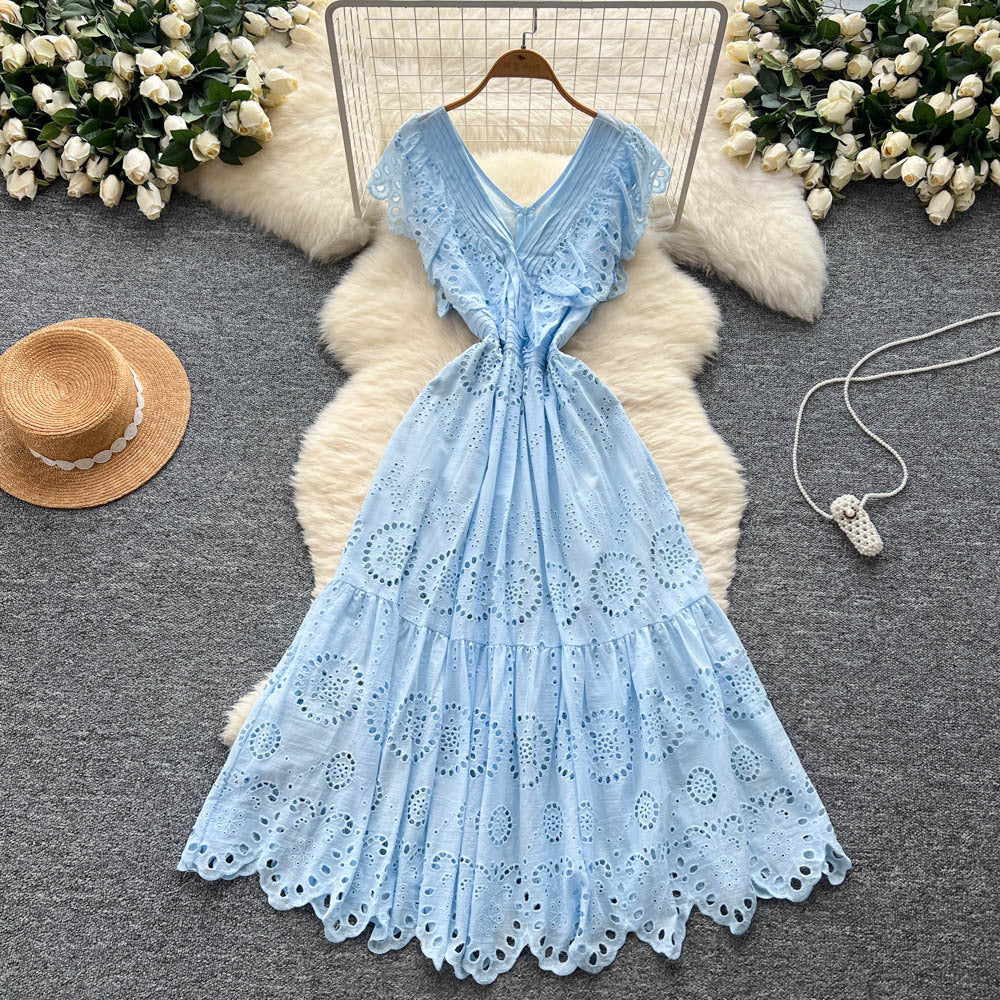 Vintage court style flutter sleeve dress - women's summer hollow-out crochet, high-end design, elegant socialite, light luxury maxi dress