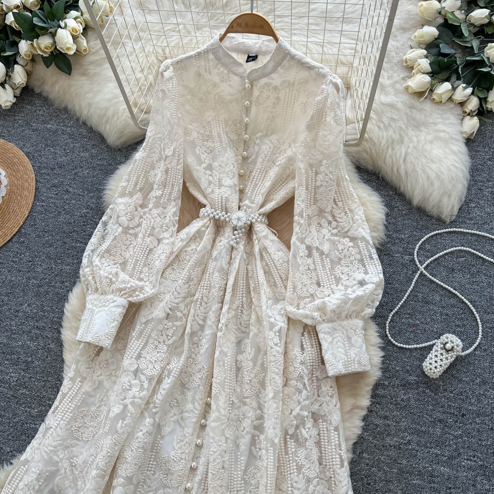 French retro court style beaded single-breasted tie-waist embroidered mesh dress - women's elegant maxi dress