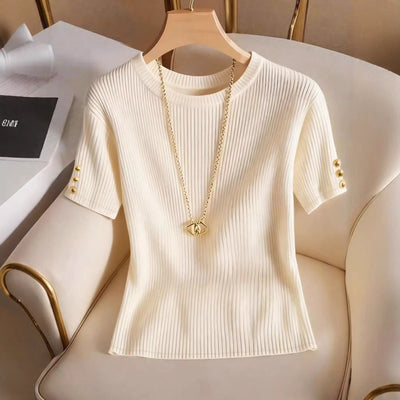 new women's solid color knit top - round neck, short sleeve, slim fit, versatile