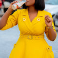 C8647 winter european and american sexy elegant turn-down collar waist-cinching suit dress, chic and stylish solid color plus size dress