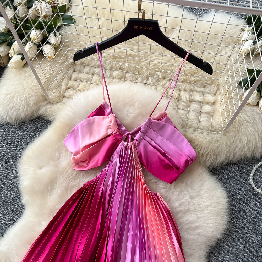 Vacation-style dress for women,  summer collection: designer cutout, cropped cami, high-waisted, slimming, ombre maxi dress