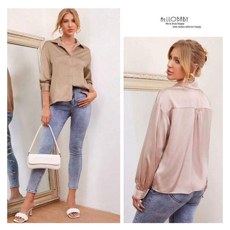 Women's cross-border e-commerce apparel:  spring/summer new arrivals -  satin comfortable casual long-sleeve shirt - in stock