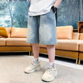 Korean style trendy boys' denim shorts - lightweight summer  collection - mid-to-large size boys' 5-inch shorts - trendy kids' unique & stylish outfit - timeless design