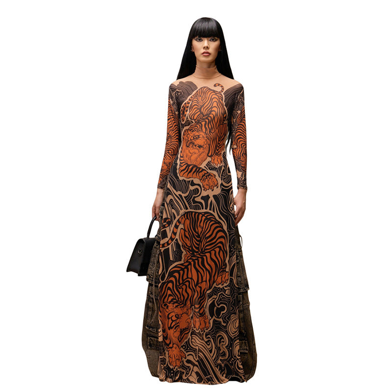 Europe, America 2025 new spring women's clothing personalized trend fashion printing semi-turtleneck mesh long high split top