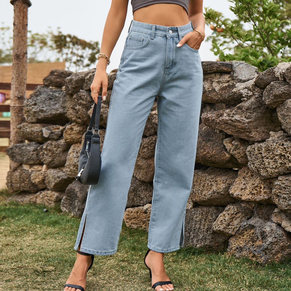 Fashionexport  new arrival washed slit popularelegant mid-waist  denim pants casual pants for women