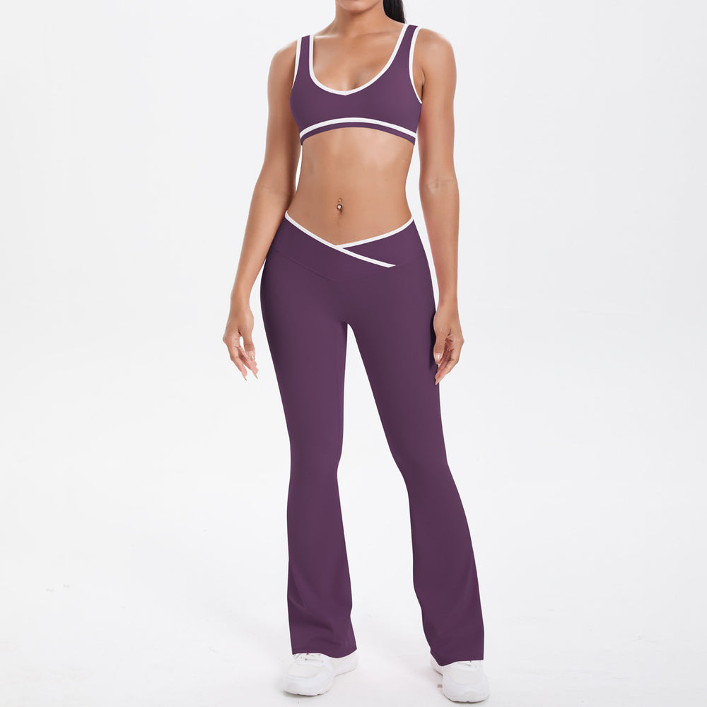 new arrival: double-sided brushed fleece color block compression yoga set - breathable, cross-back design, perfect for running and fitness (two-piece set)