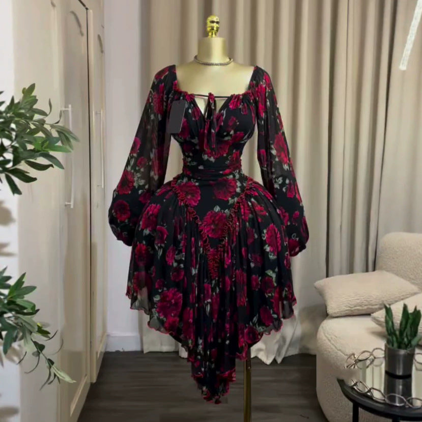 European and american cross-border women's fashion:  summer new arrivals - sexy, elegant, tie-up, printed, slim-fit, asymmetrical mini dress