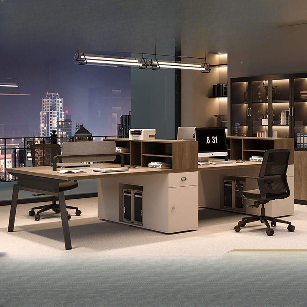 Modern minimalist office desk set for 4-6 people, featuring 4 workstations with card slots, employee office desk and chair combination, computer desk