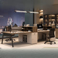 Modern minimalist office desk set for 4-6 people, featuring 4 workstations with card slots, employee office desk and chair combination, computer desk