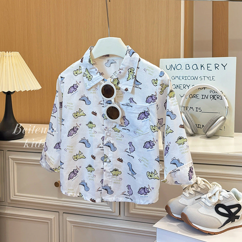 Kids' long-sleeve shirt new spring/autumn boys' shirt pure cotton turn-down collar top casual cardigan baby outerwear children's clothing