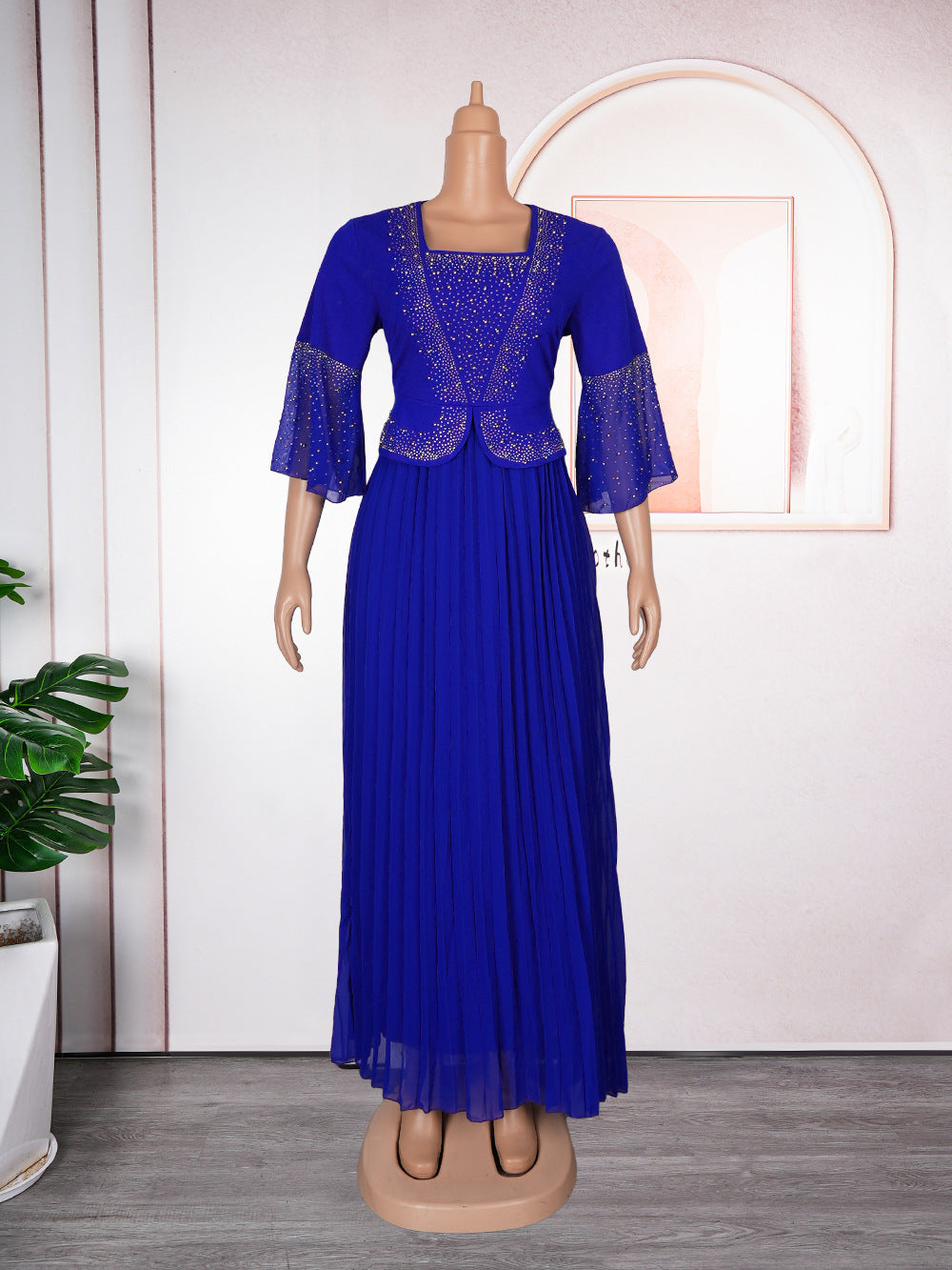 african plus size  beaded pure colordressfashionexport women's clothing fake two-piece set pleated skirt