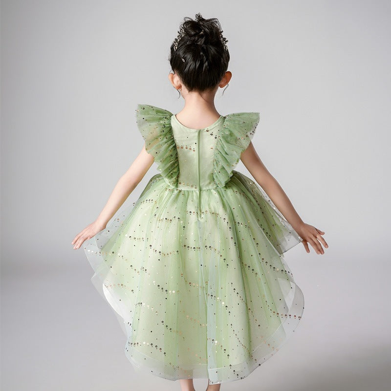 Girls' princess dress, hostess gown, children's outfit, white birthday dress, holiday dress, runway dress, wedding dress with train, piano dress for kids
