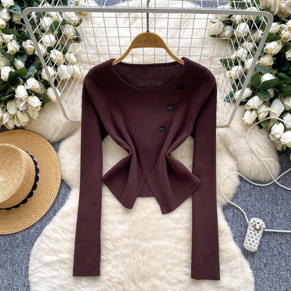 Long sleevesknitting shirt for women autumnew arrivalsense of designniche style slit button round neck long sleevesilm bottom shirt
