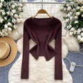 Long sleevesknitting shirt for women autumnew arrivalsense of designniche style slit button round neck long sleevesilm bottom shirt