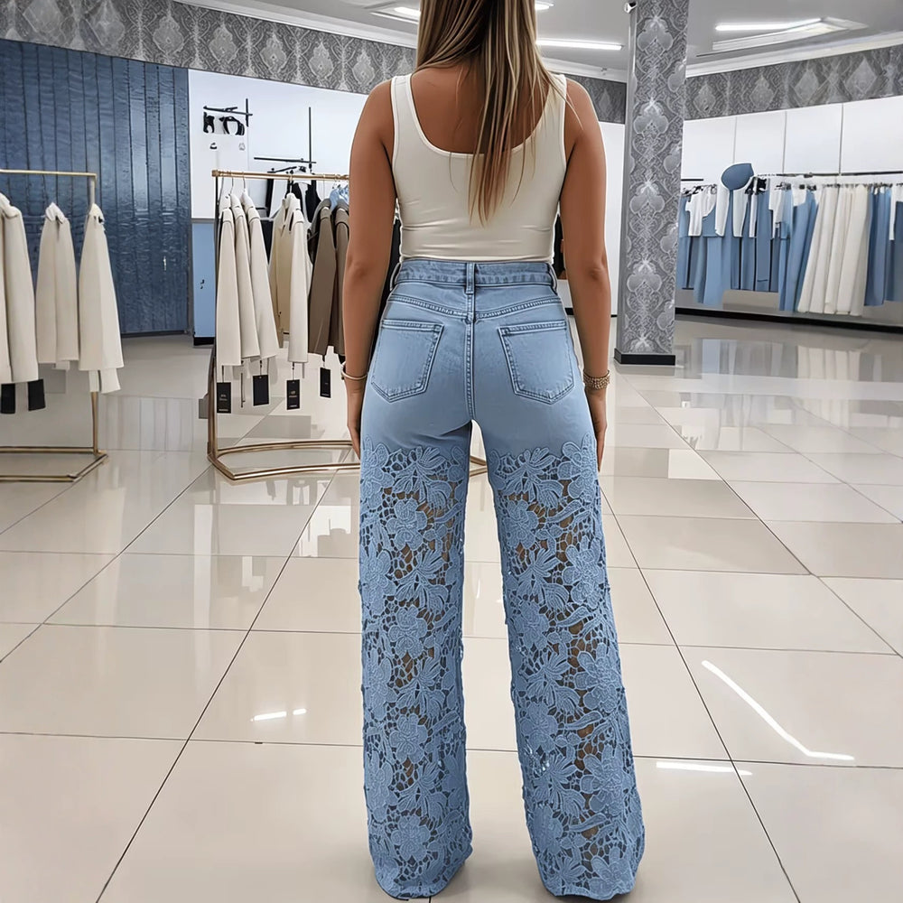 Fashionjeans women's high waistcut outlacepatchwork wide leg pantsexport washed elastic mop pants cross-border