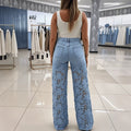 Fashionjeans women's high waistcut outlacepatchwork wide leg pantsexport washed elastic mop pants cross-border