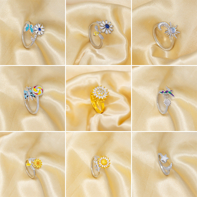 hot-selling sunflower rotating ring, full zirconia open sunflower, new rotatable ring, high-end jewelry