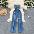 Hong kong style chicpopularnew arrivalsense of design heart cut out sleeveless high waistslimming look ripped casual denim jumpsuit