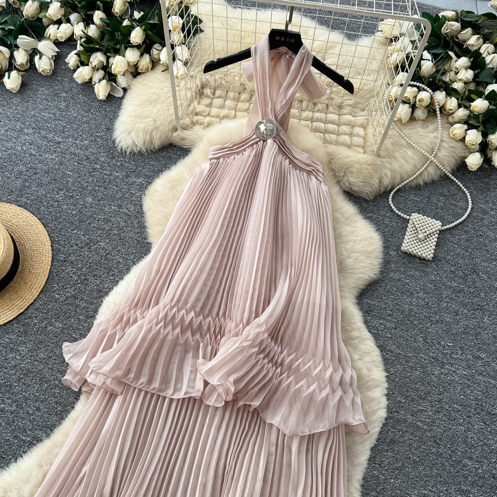 French halter sleeveless backless pleated dress women's summer k-stylehigh waist cake skirt fairy holiday style long skirt