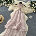 French halter sleeveless backless pleated dress women's summer k-stylehigh waist cake skirt fairy holiday style long skirt