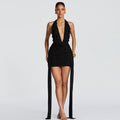 European and american women's clothing  summer new fashion teardrop embellished sexy deep v-neck halter neck tie-up bodycon dress