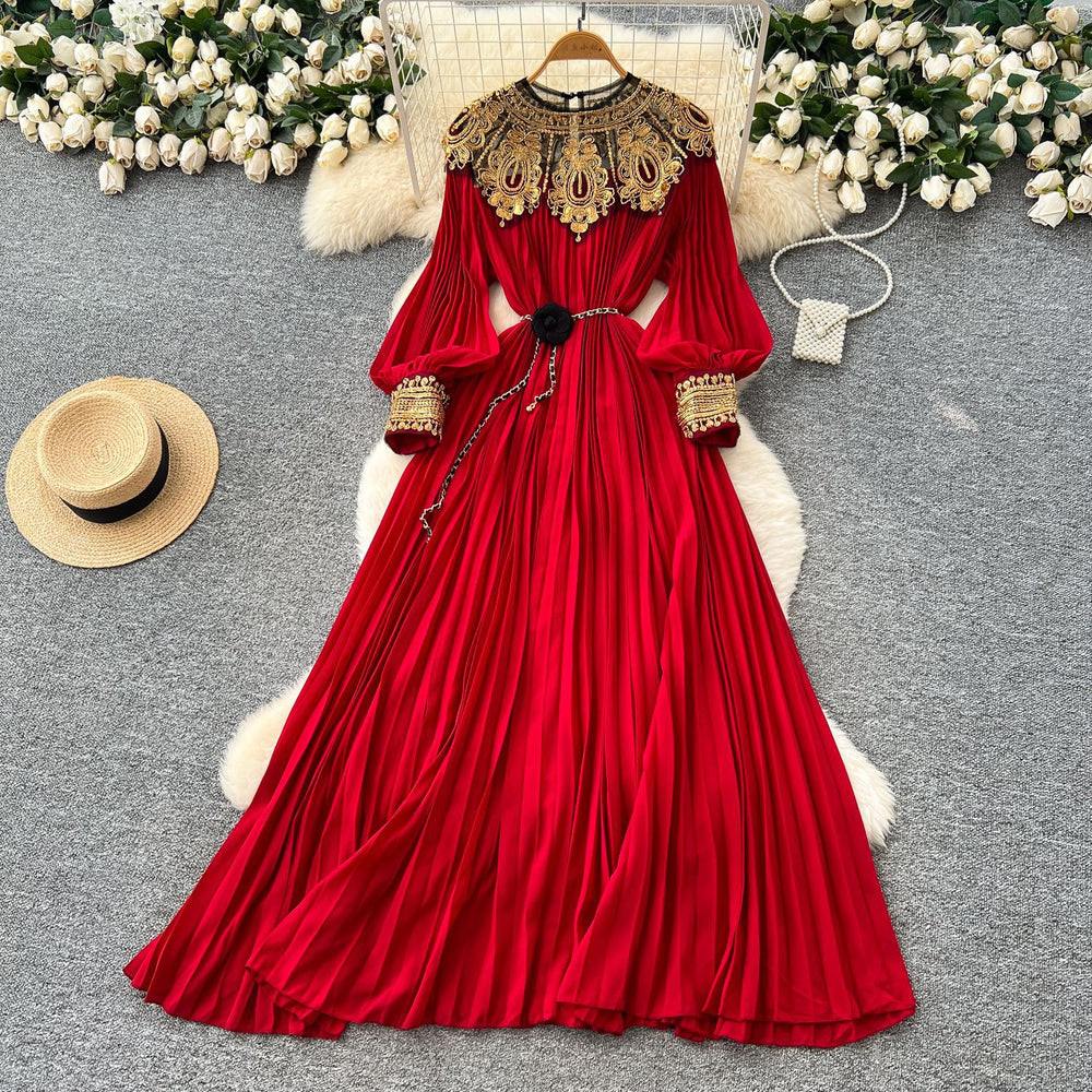 Frenchclassyelegance heavy industry embroidered beads sequin patchwork lantern sleeves straps waist pleated dress women's long skirt