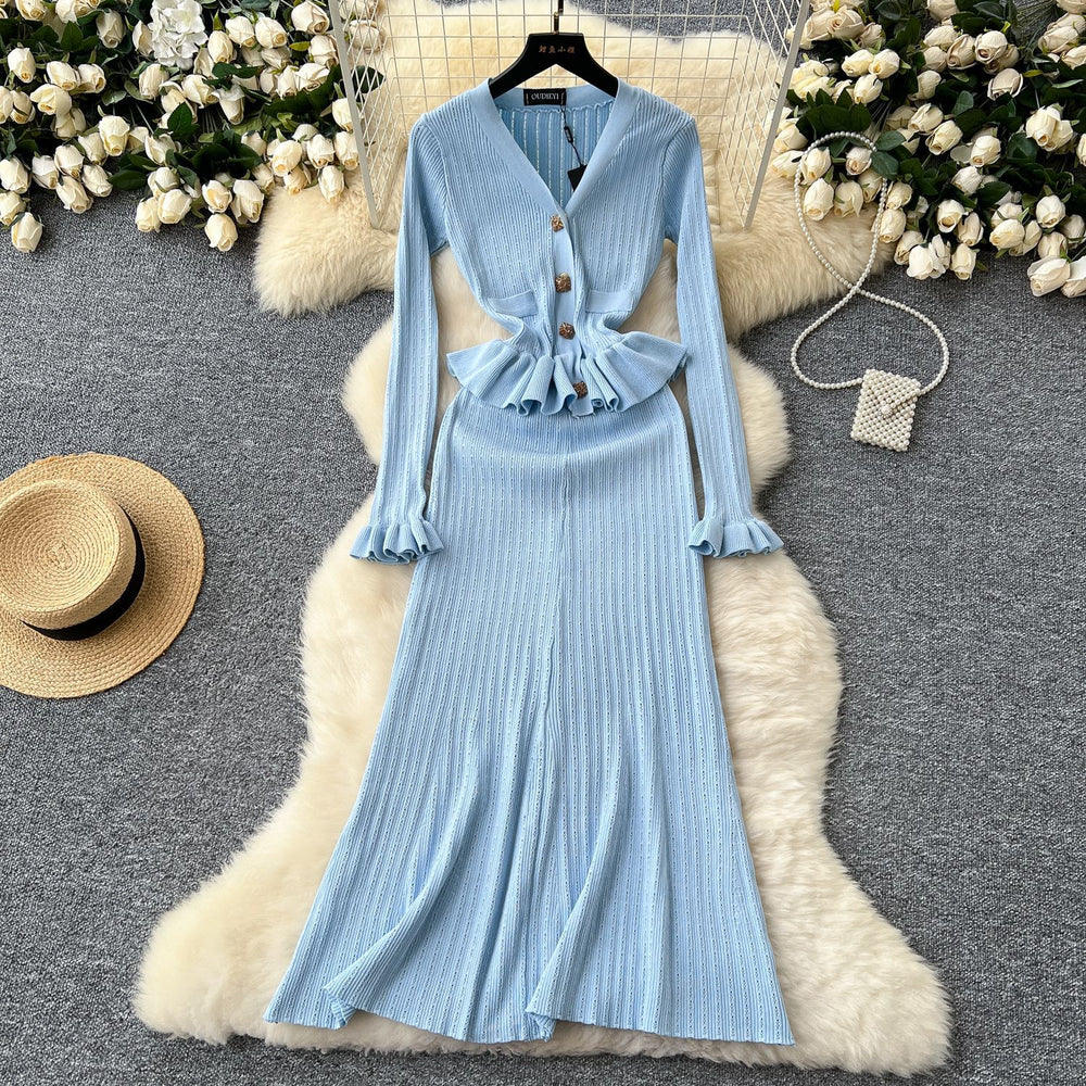 Luxury chic women's dress - autumn  collection: slim-fit knit maxi dress with metallic buckle detail, inspired by chanel