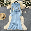 Luxury chic women's dress - autumn  collection: slim-fit knit maxi dress with metallic buckle detail, inspired by chanel